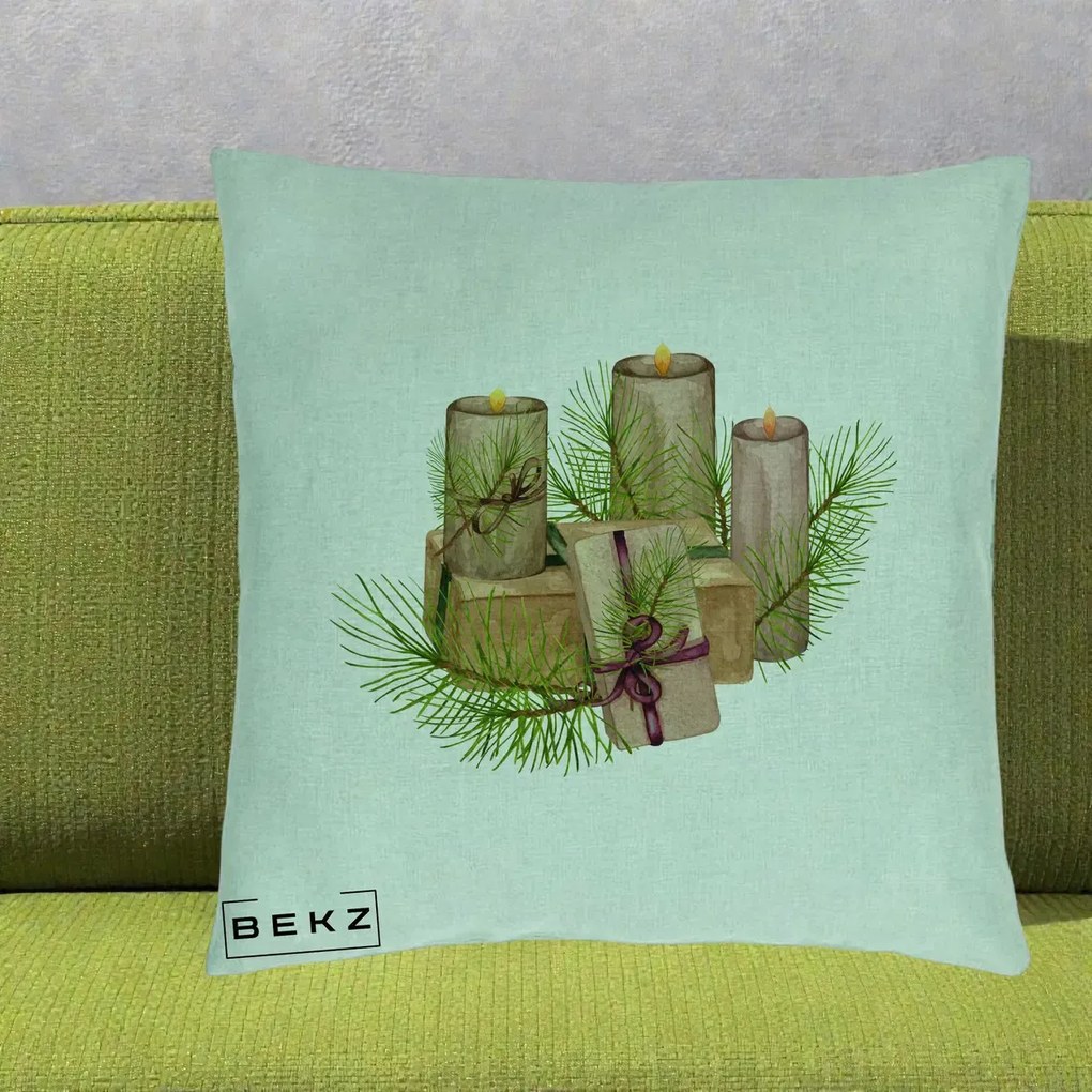 Perna Decorativa Lumanari cu Cadouri Naturale, 40x40 cm, Verde Menta, Husa Detasabila, Perna Inclusa, BEKZ®