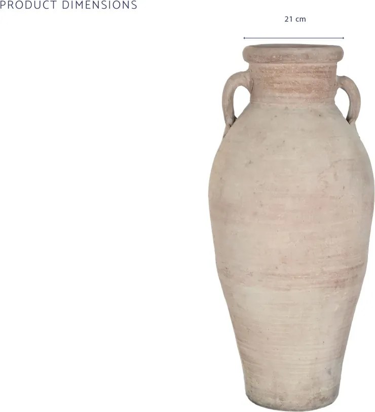 Vas decorativ amforă din teracotă artizanală, finisaj craft roz-crem, cu 2 anse, 40×40×98 cm, „Jerba"