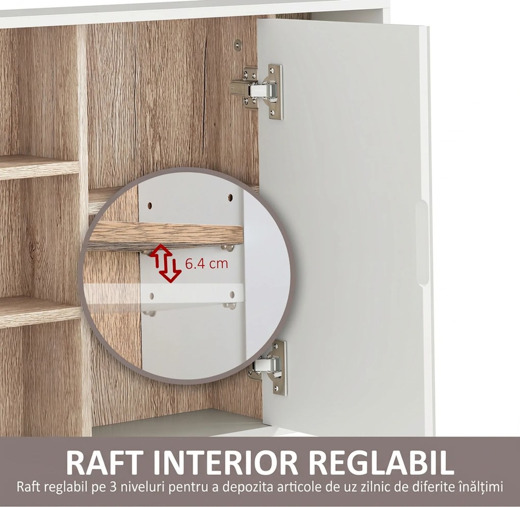 HOMCOM Dulap cu Oglinda din MDF si PAL, Dulap de Baie cu 3 Rafturi Laterale si Raft Interior Reglabil, 60x14.5x49.4 cm, Alb si Lemn Natur | Aosom RO
