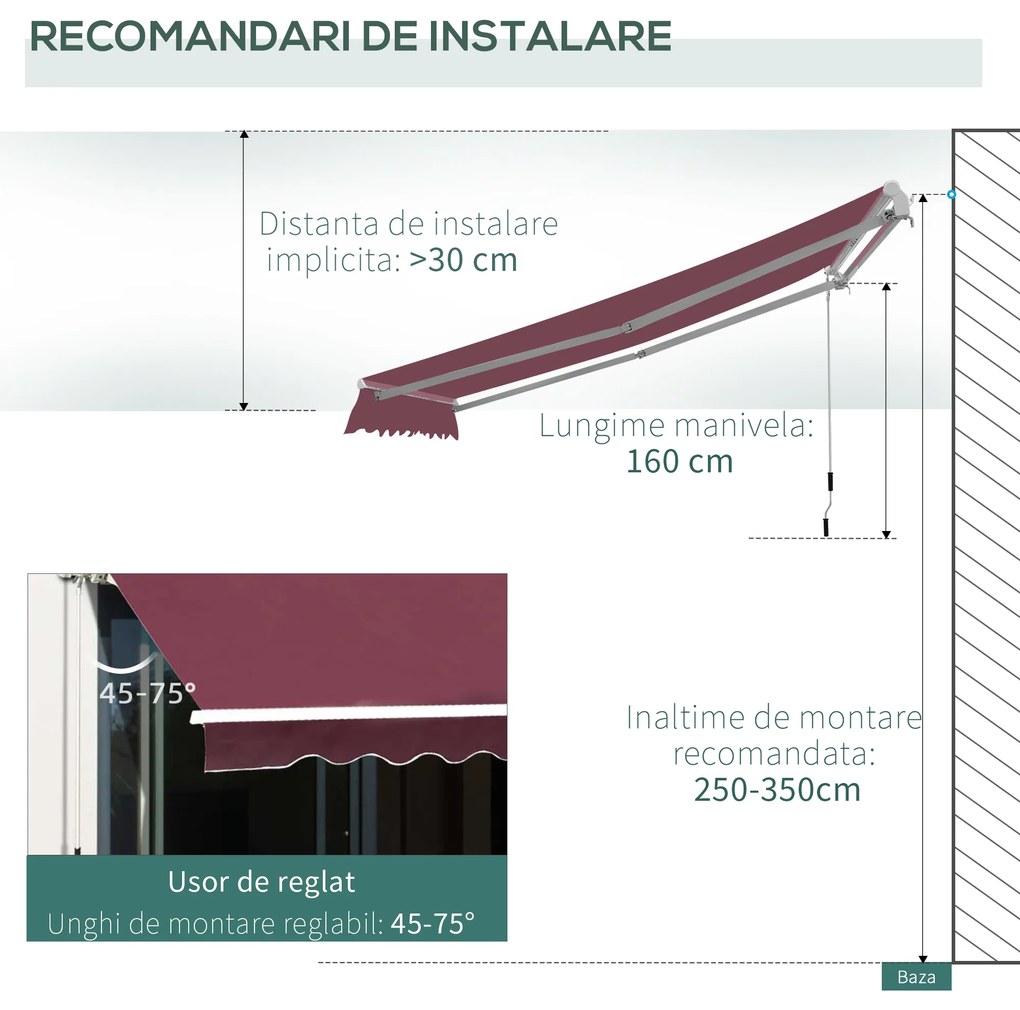 Copertina de Soare pentru Exterior Reglare cu Manivela, din Aluminiu si Poliester, 295x250cm, Rosu Inchis Outsunny | Aosom RO