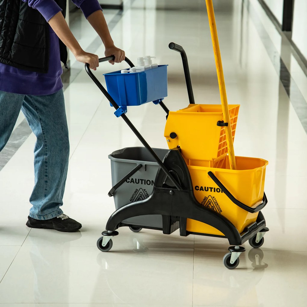 HOMCOM Chariot de curățenie cu exprimare cu găleată laterală de stoarcere 26 L + coș de depozitare 78 x 45 x 95 cm galben | Aosom Romania