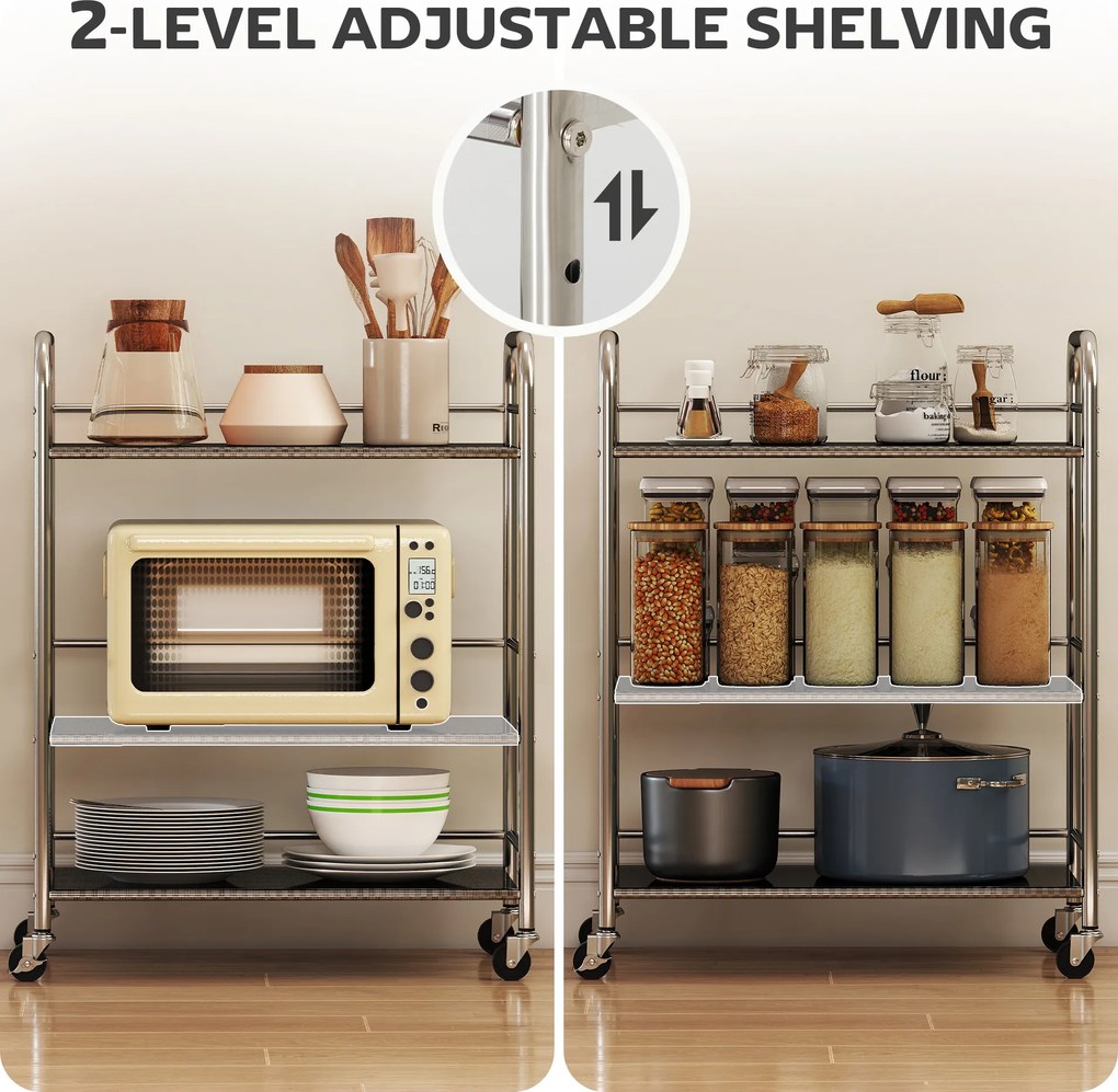 HOMCOM Cărucior de bucătărie cu 3 rafturi pe roți, cu mânere, argintiu | Aosom Romania