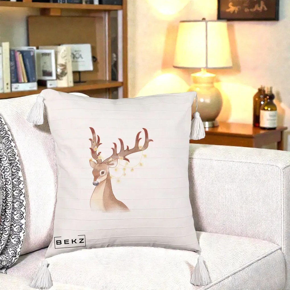 Perna Decorativa Ren cu Luminite de Craciun, 40x40 cm, Bej cu Franjuri, Husa Detasabila, Perna Inclusa, BEKZ®