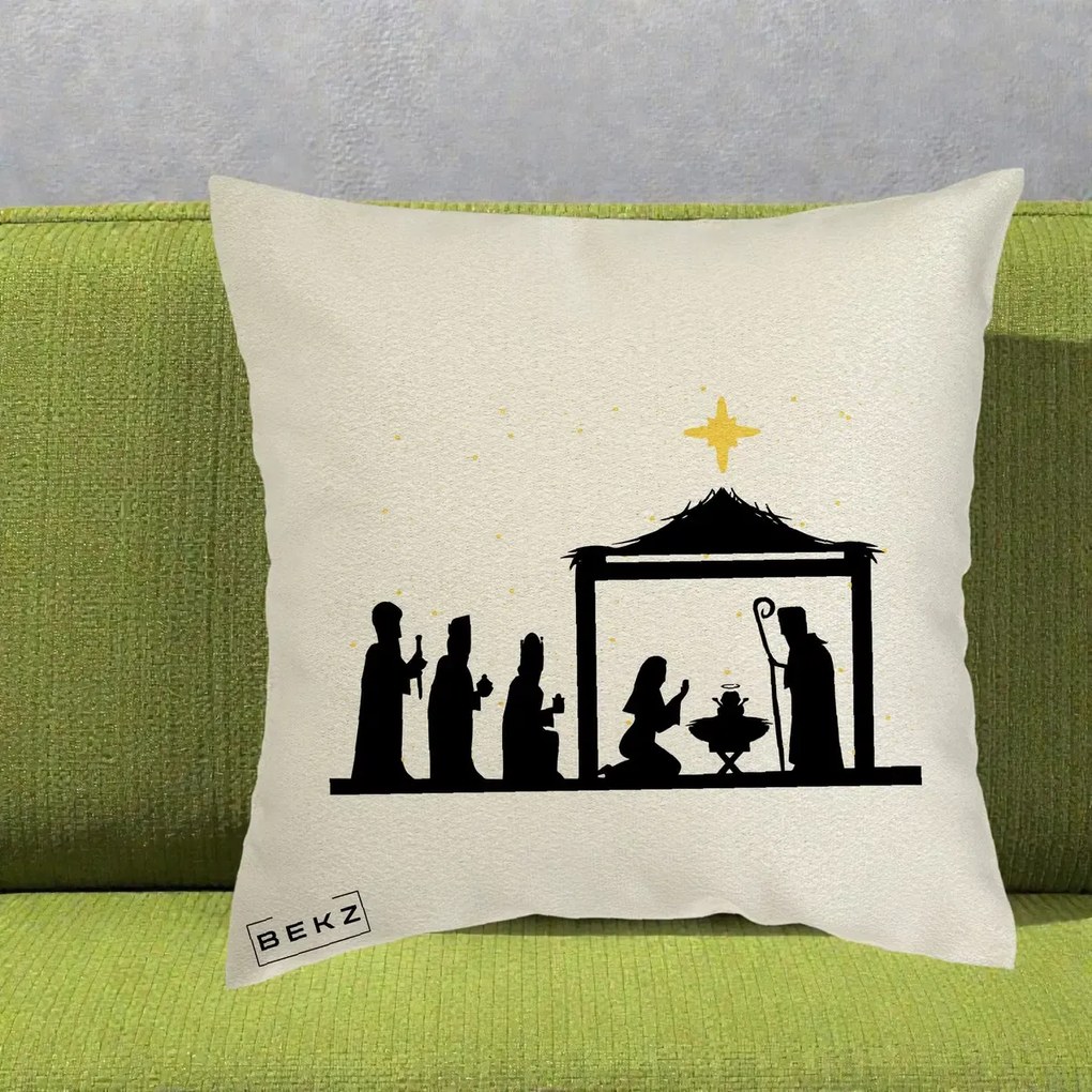 Perna Decorativa Nasterea Pruncului Silueta Neagra si Stea Aurie, 40x40 cm, Ecru, Husa Detasabila, Perna Inclusa, BEKZ®