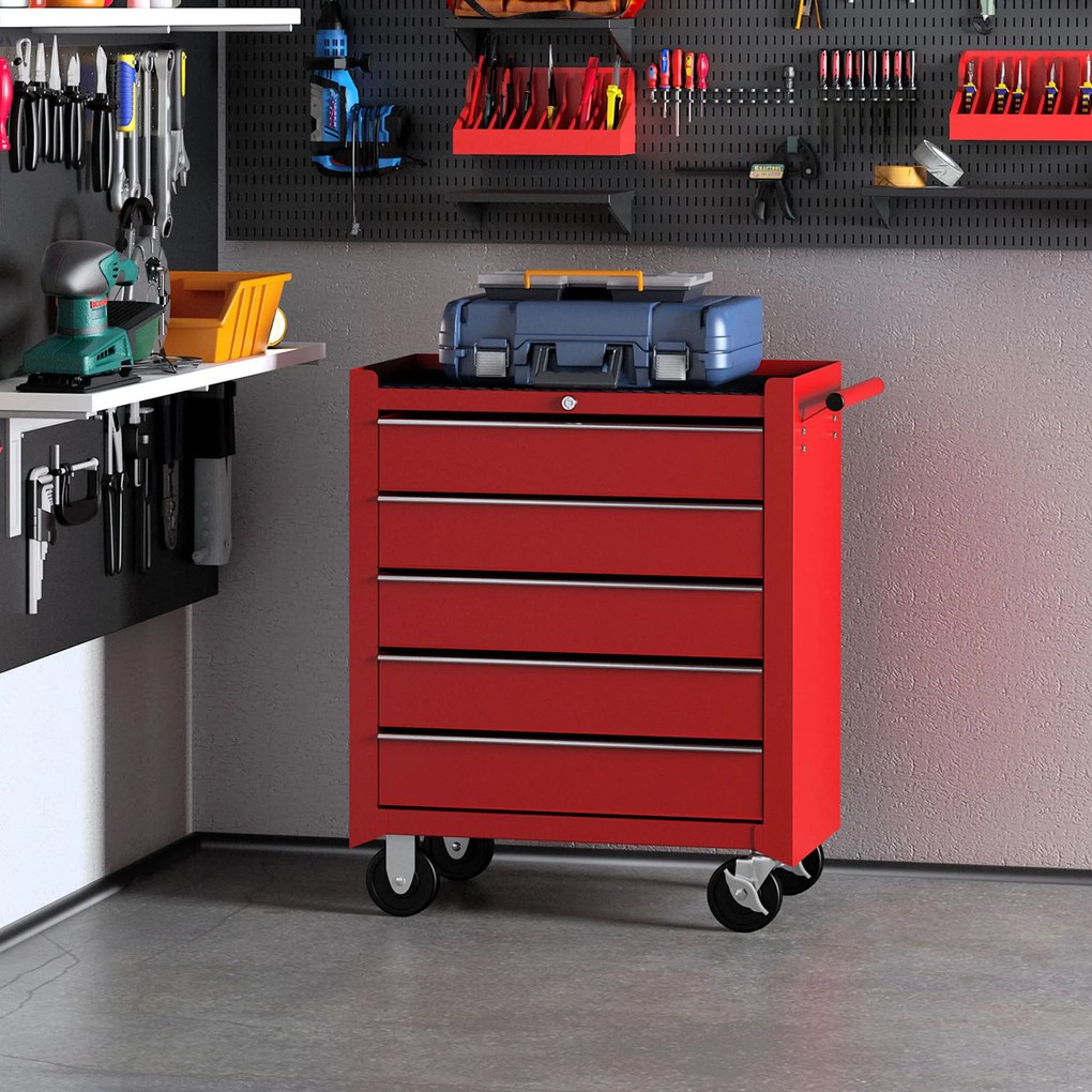 HOMCOM Cărucior Mobil pentru Atelier cu Sertare, Organizator Ustensile, Roșu, 67.5x33x77cm | Aosom Romania