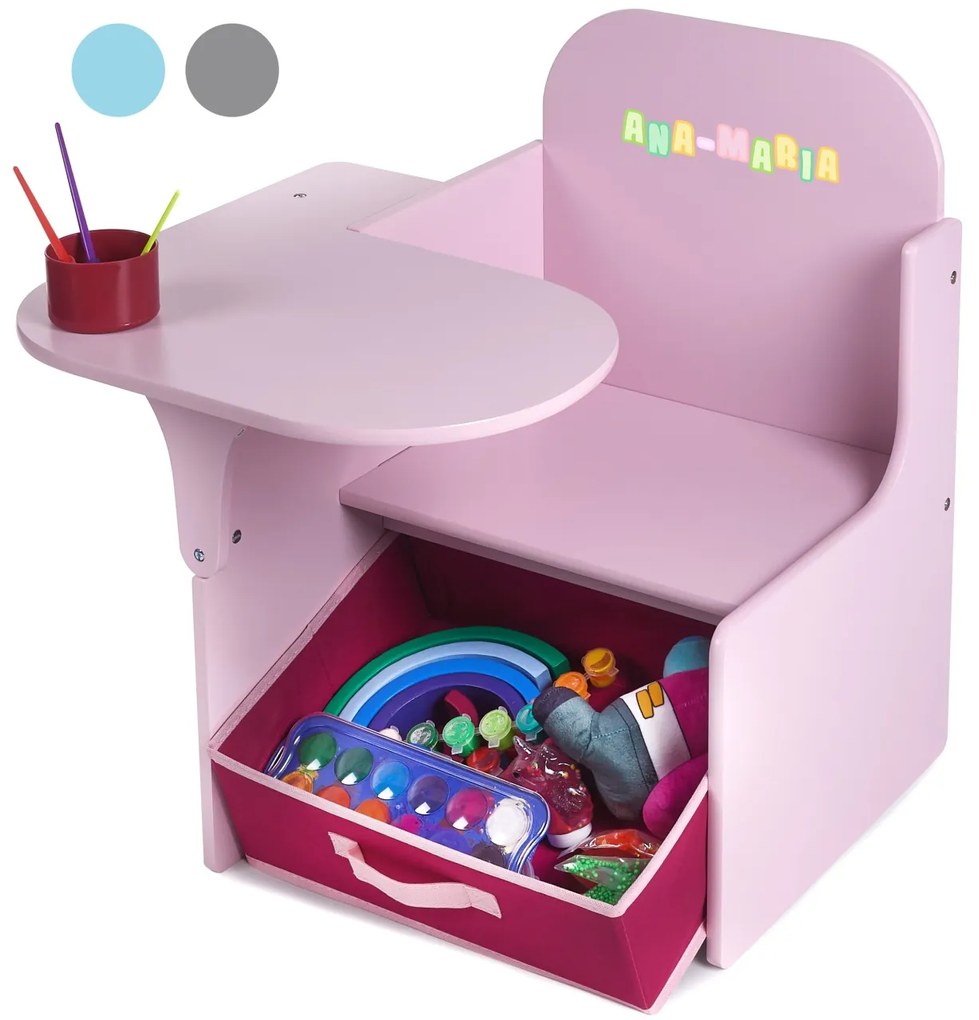 Set Masuta Cu Scaun Incorporat pentru Copii 3 In 1, Din Lemn Mdf, Varsta 3-6 ani Roz