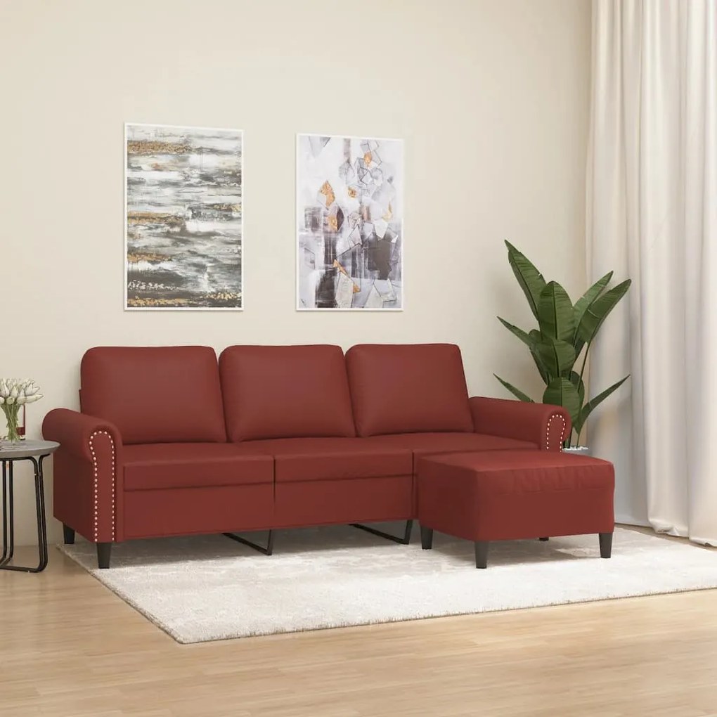 3153621 vidaXL Canapea cu 3 locuri și taburet, roșu vin 180 cm piele ecologică