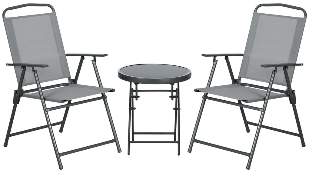 Outsunny Set de Exterior din 3 Piese cu Masă  cu Blat din Sticlă și 2 Scaune Pliabile din Plasă, Ф45x50 cm, Gri Deschis | Aosom Romania
