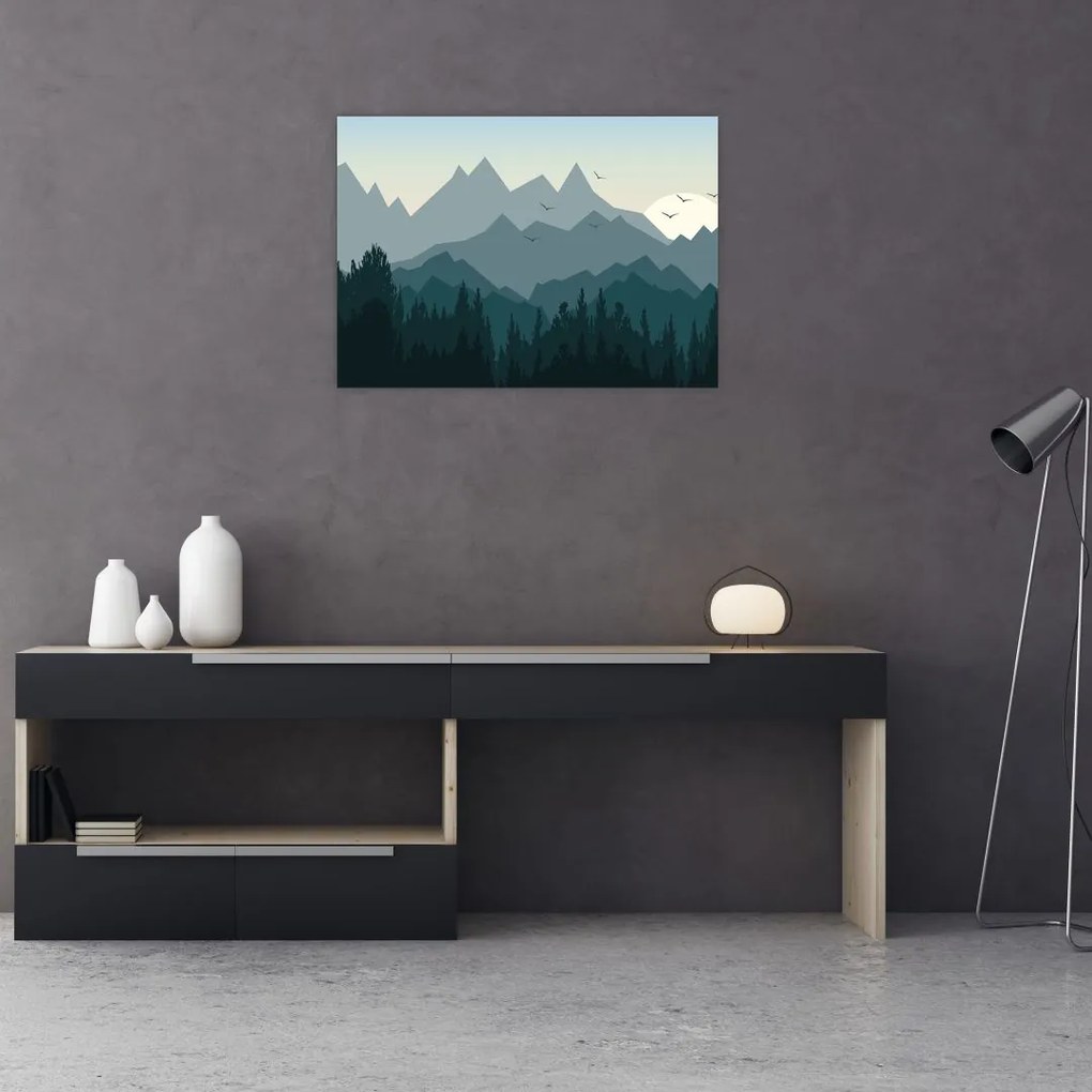 Tablou pe sticlă - Munții cu privirea graficeanului (70x50 cm)