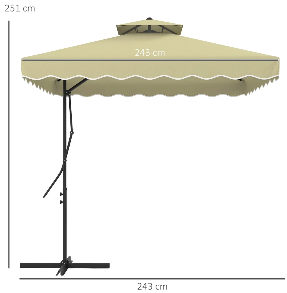 Outsunny Umbrelă Suspendată cu Copertină Dublă, Deschidere cu Manivelă, Bază în Cruce şi Falduri, 2.5x2.5 m, Bej | Aosom Romania