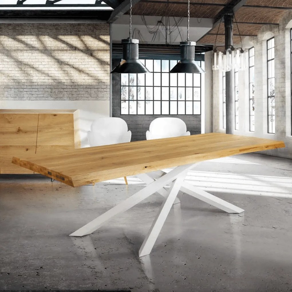 MASA WOOD - BLAT LEMN MASIV CU PICIOR METALIC - 180 cm / 90 cm / 77 cm - ALB
