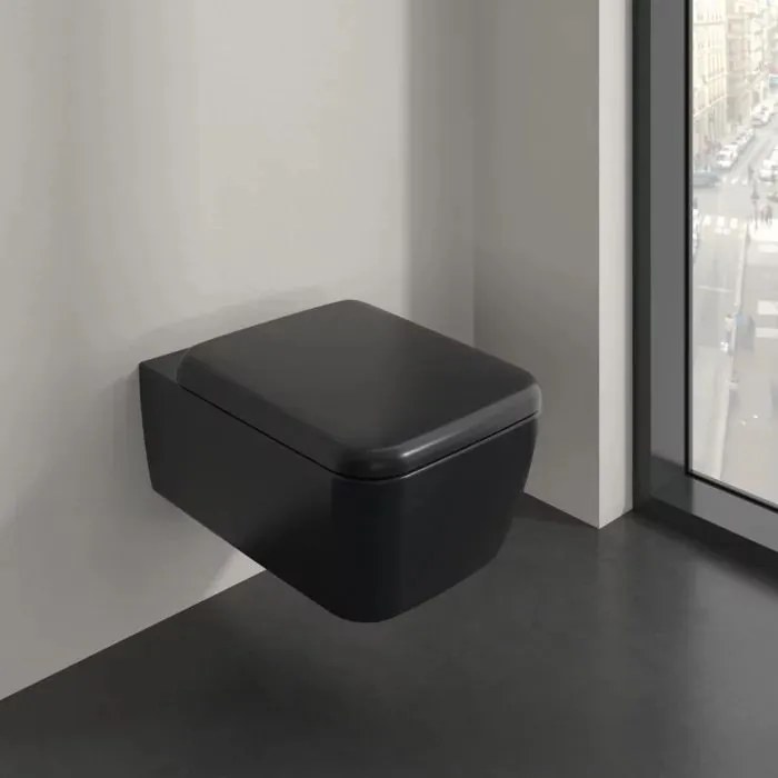 Set vas WC suspendat Villeroy&Boch Skyla Combi-Pack TwistFlush Rimless cu capac softclose negru Pure Black CeramicPlus