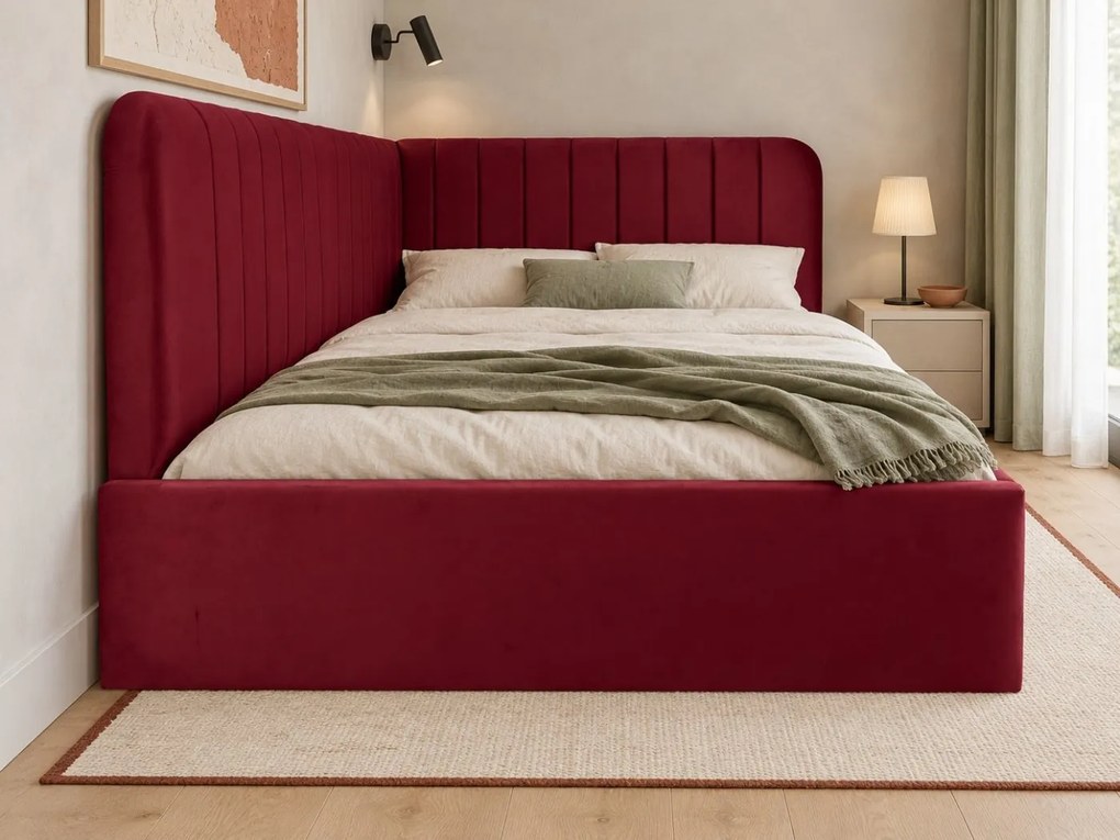 Pat tapițat pentru copii din catifea Elyra Line 140×200 cm, vișiniu, colț stânga, cu ladă de depozitare