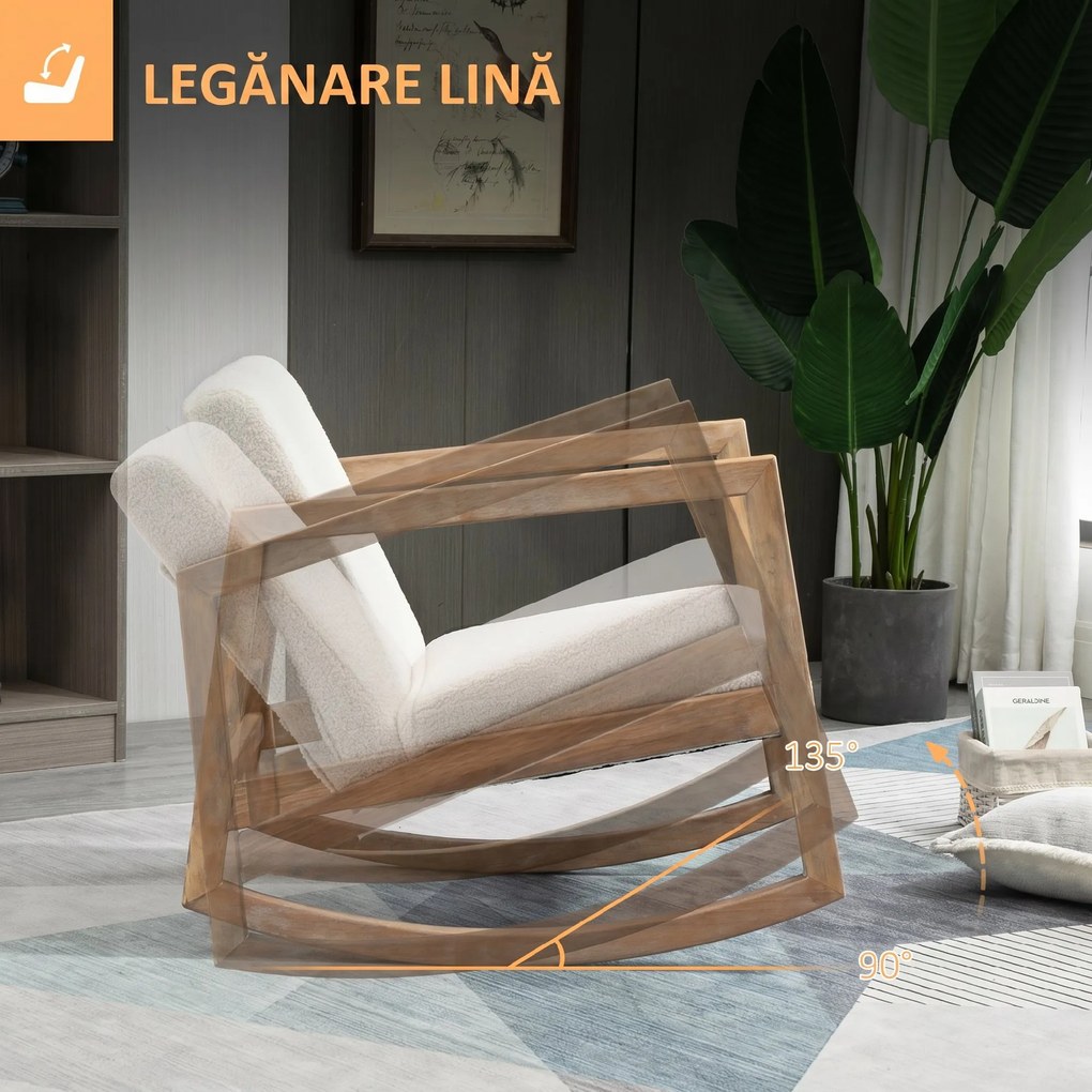 HOMCOM Scaun Balansoar Minimalist cu Pernuțe pentru Scaun și Spătar, Scaun pentru Sufragerie din Lemn de Caucciuc, Pluș și Spumă, 60x81x71 cm, Crem | Aosom Romania