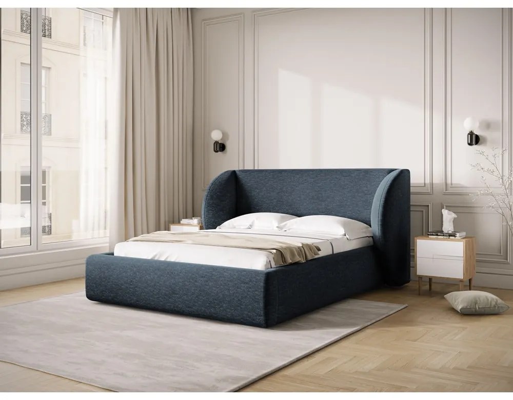 Pat matrimonial albastru închis tapițat cu spațiu de depozitare cu somieră 180x200 cm Miley – Micadoni