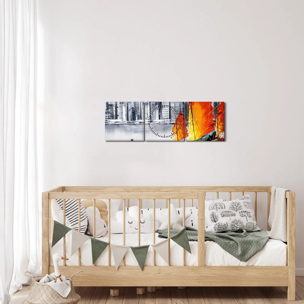 Tablou - Victoria Harbour, Hong Kong, pictură în ulei alb- negru (cu ceas) (90x30 cm)