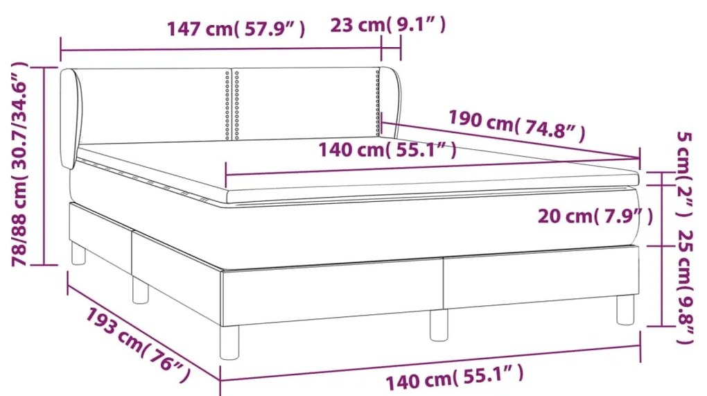 Pat box spring cu saltea, maro, 140x190 cm, piele ecologica Maro, 140 x 190 cm, Culoare unica si cuie de tapiterie