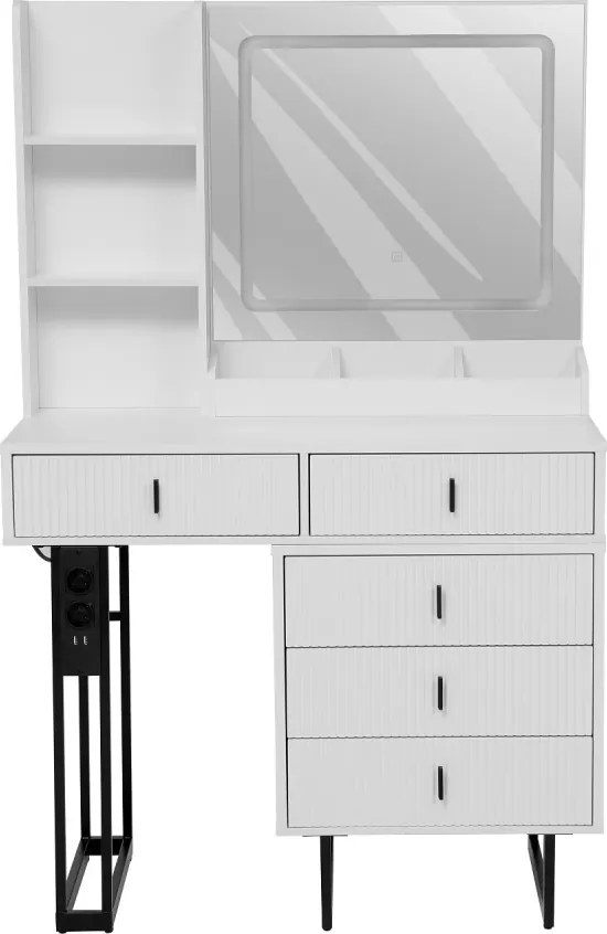 Set SELENE – Masă de Toaletă pentru Machiaj, Extensibilă 90–130 cm, Oglinda Iluminata LED, 5 sertare, Rafturi, priză integrată cu USB, Scaun, Alb/Negru