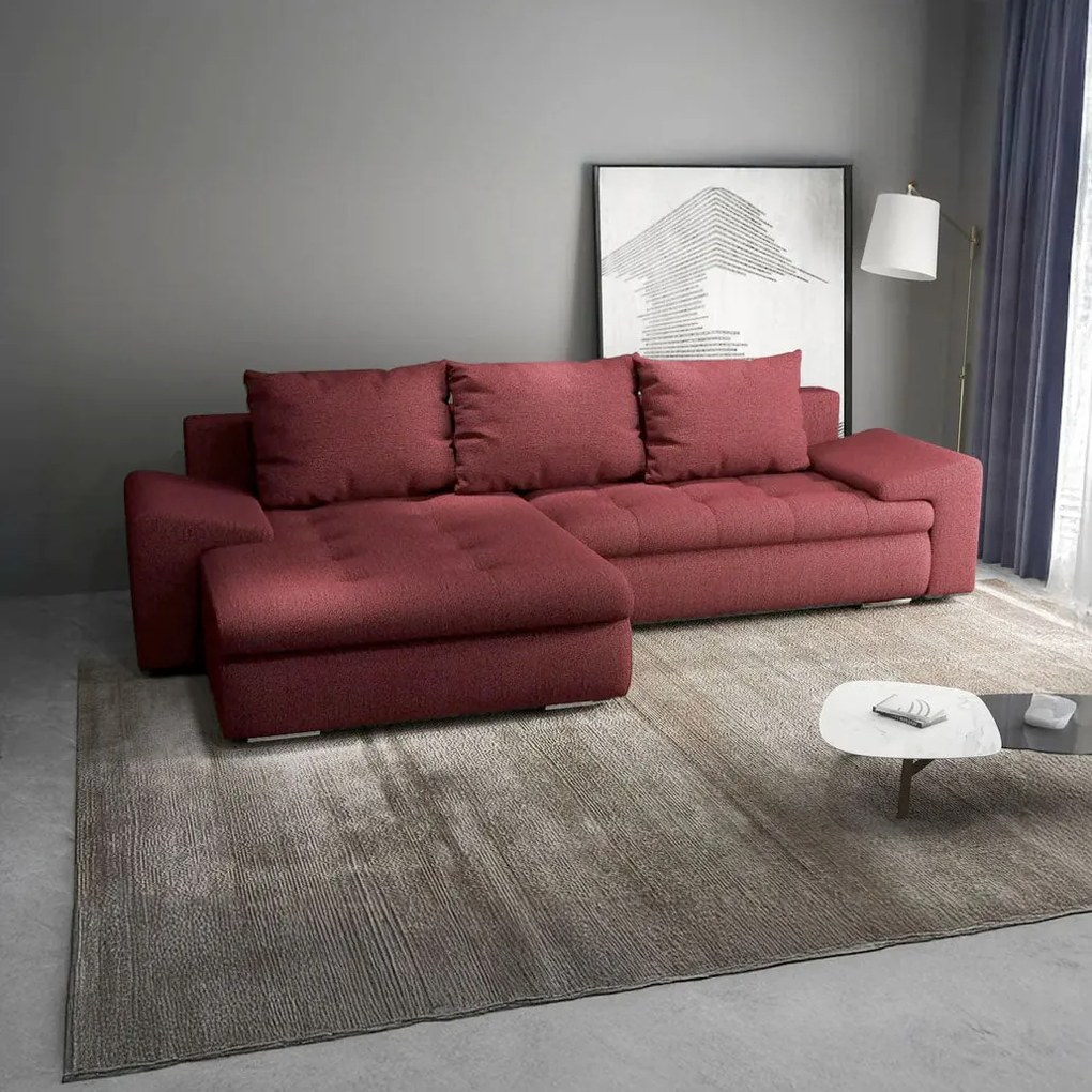 Colțar extensibil dumonde cu ladă de depozitare si sezut confortabil din spuma high-density, Leonardo Enjoy Rosu 260x185 cm