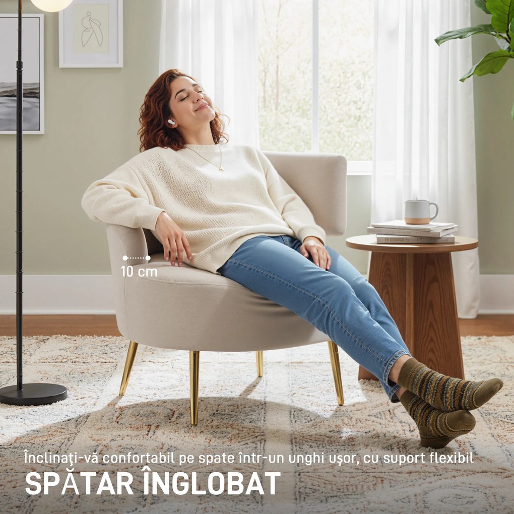 HOMCOM Scaun Modern pentru Living cu Spătar Arcuit și Arcuri Individuale, Tapițat cu Chenille, Spumă, Lemn și Oțel, 69x65x67 cm, Crem și Auriu | Aosom Romania