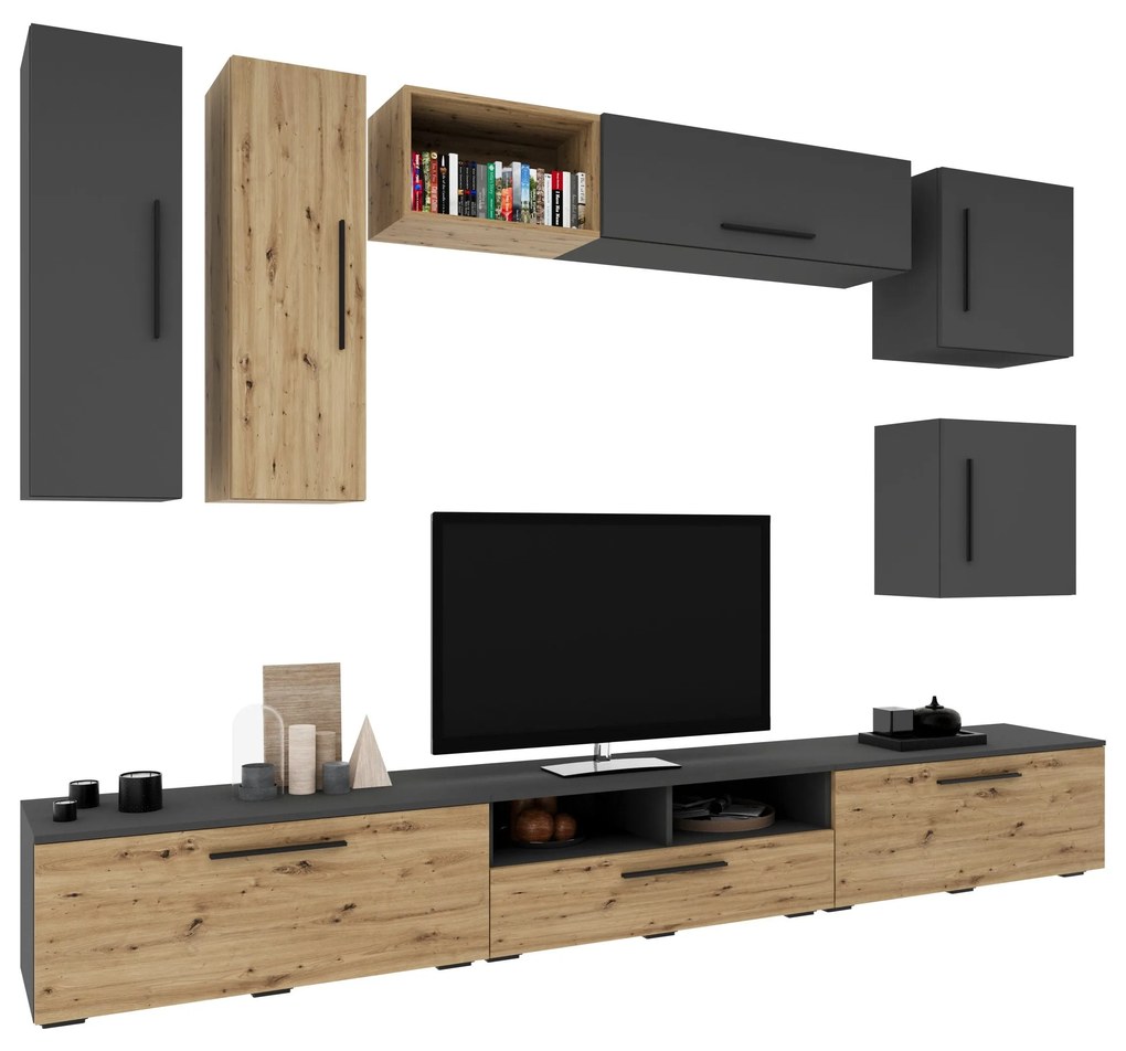 Living Kos V1, Antracit/Stejar Artisan, L 285 cm