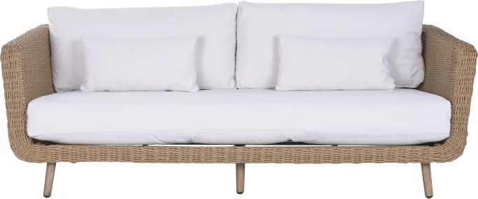 Set lounge exterior din rattan sintetic și structură din aluminiu cu canapea, 2 fotolii, masă și perne, finisaj natural, „Malibu”