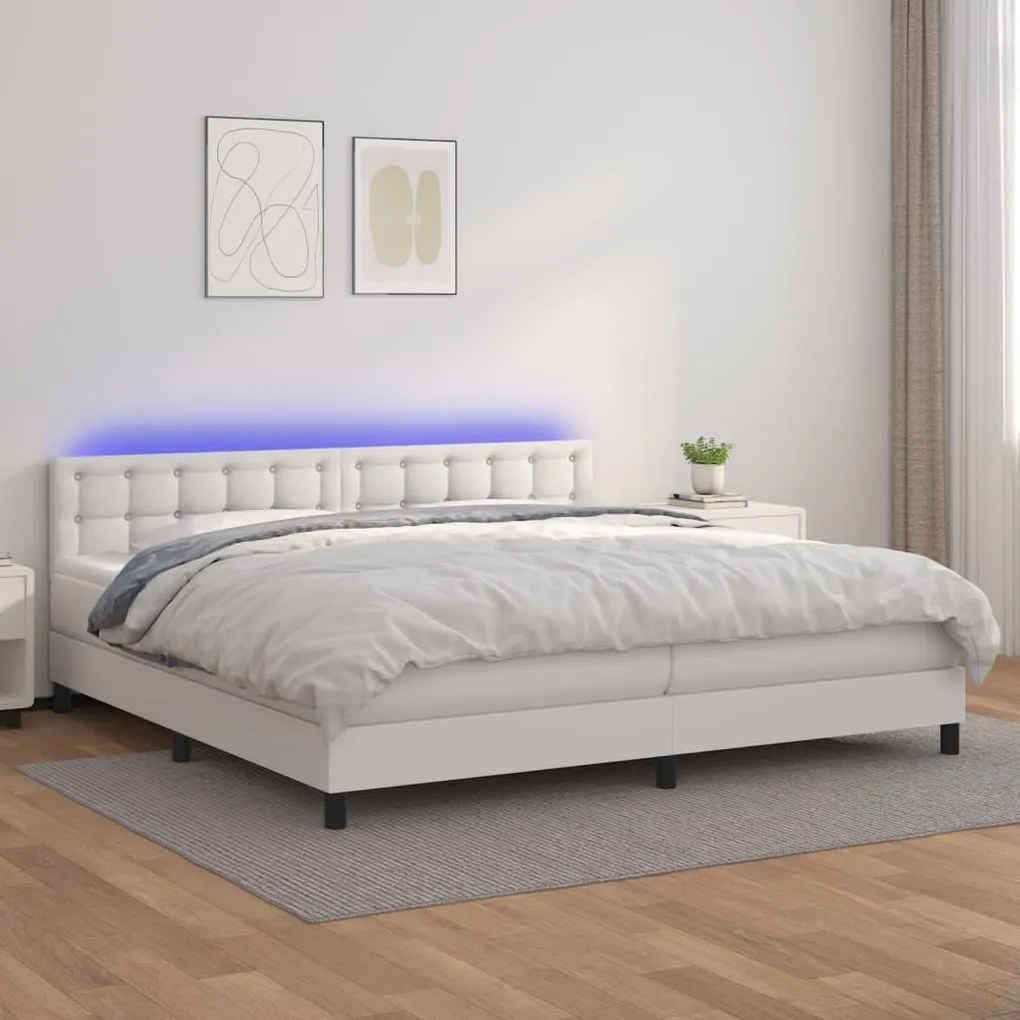 vidaXL Pat cu arcuri, saltea și LED, alb, 200x200 cm, piele ecologică