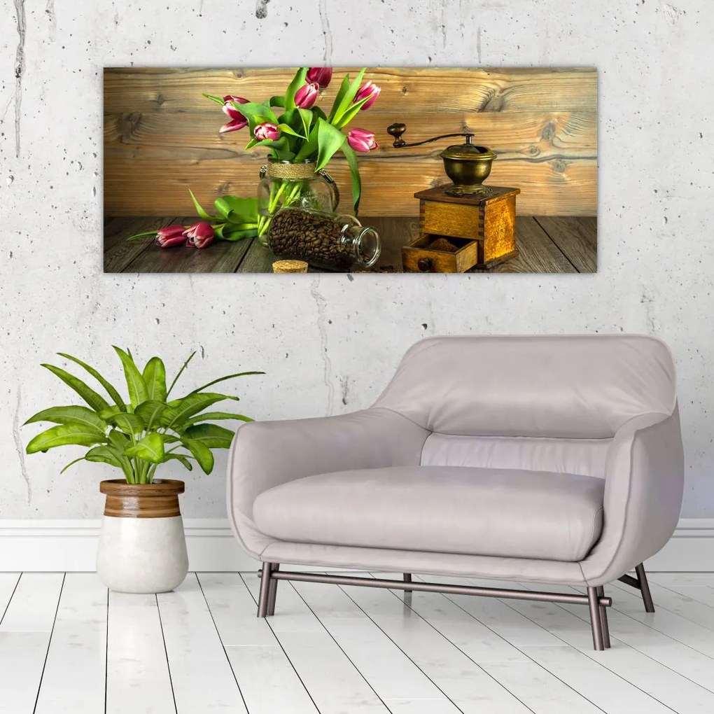 Tablou - lalele, râșniță și cafea (120x50 cm)