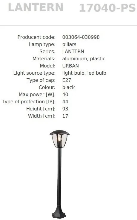 Stalp Exterior inaltime 93cm, Protectie IP44, LANTERN