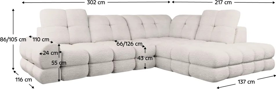 Set canapea extensibilă cu funcţie de extensie electrică, crem, pe dreapta, TOLLO L ROH