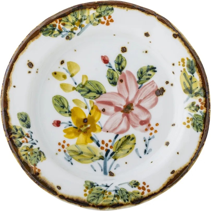Set 4 farfurii din ceramică artizanală albă cu motive florale roz pictate manual și margine aurie, 15×1,5 cm, "Savina"