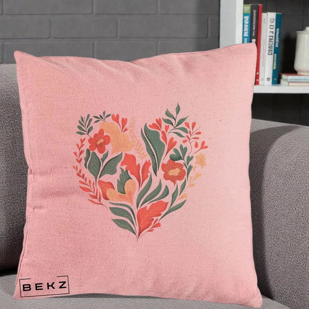 Perna Decorativa Inima Florala Botanica, 40x40 cm, Roz, Husa Detasabila, Perna Inclusa, BEKZ®