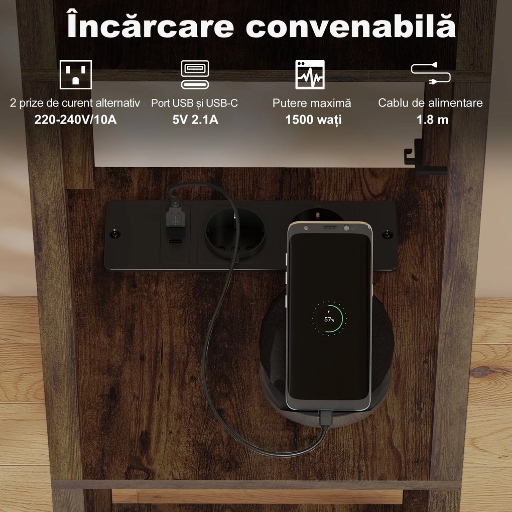 Lampă de Podea HOMCOM LED cu Rafturi, Lampă Modernă cu Comutator cu Pedală și Porturi USB, Temperatură Reglabilă a Luminii pentru Living, Dormitor, Maro | Aosom Romania