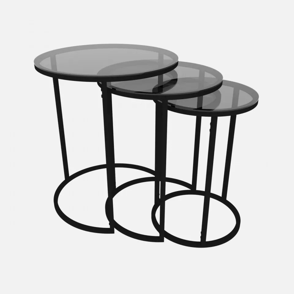 Set 3 Masute Auxiliare, Sticla / Metal, Alya, Negru