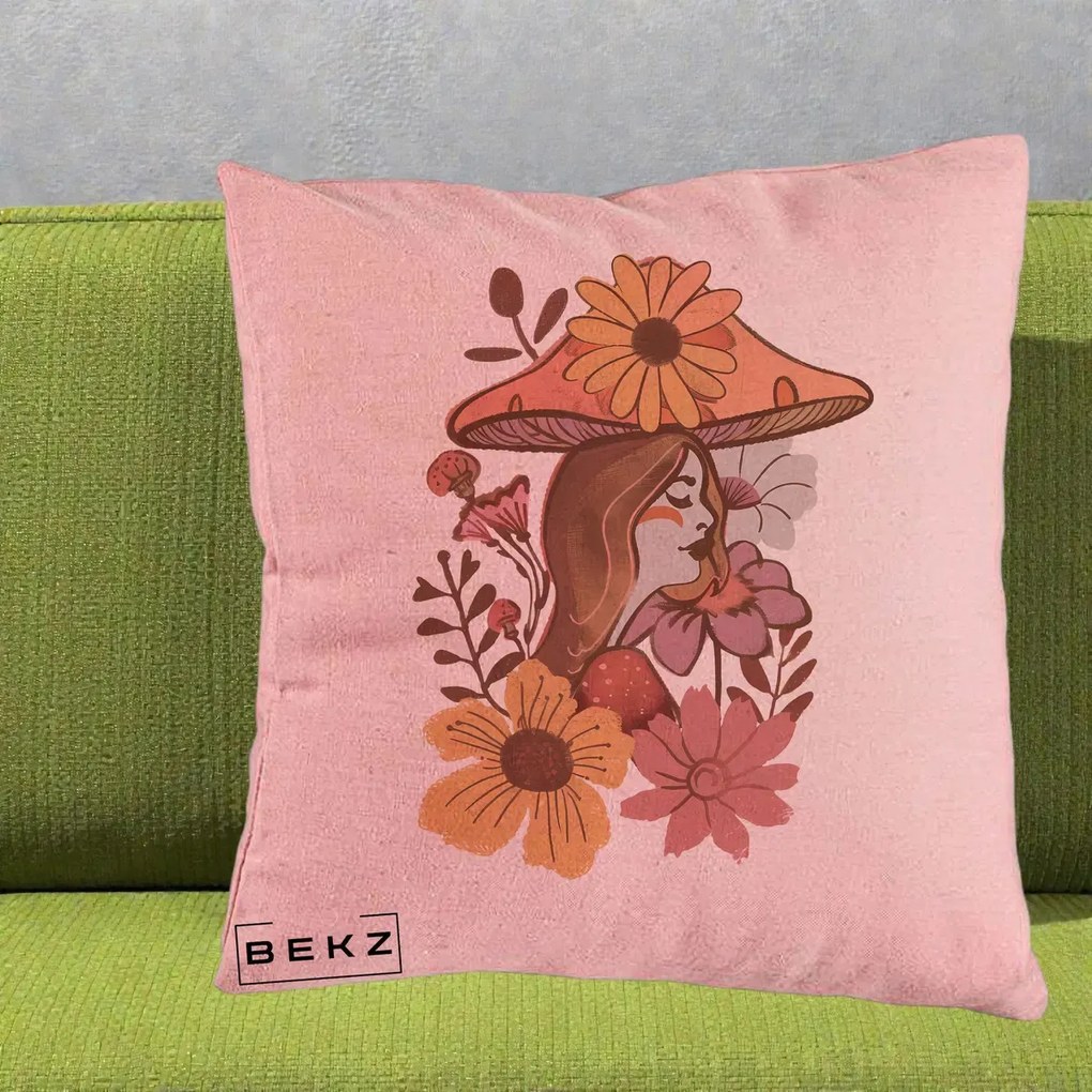 Perna Decorativa Fata Ciuperca Florala Boho, 40x40 cm, Roz, Husa Detasabila, Perna Inclusa, BEKZ®