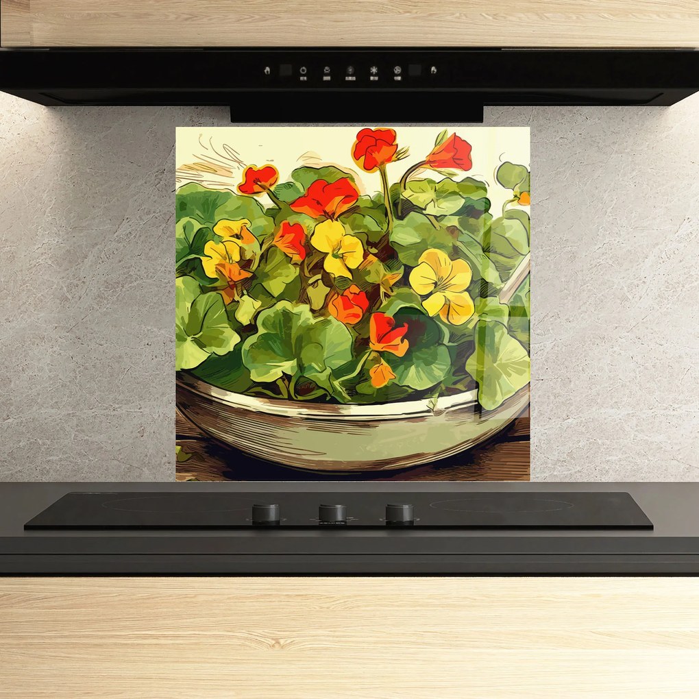 Panou Sticla Bucatarie, 60x60cm, Protectie aragaz, Antistropi, Termorezistent, Alimente, Legume, Flower Food