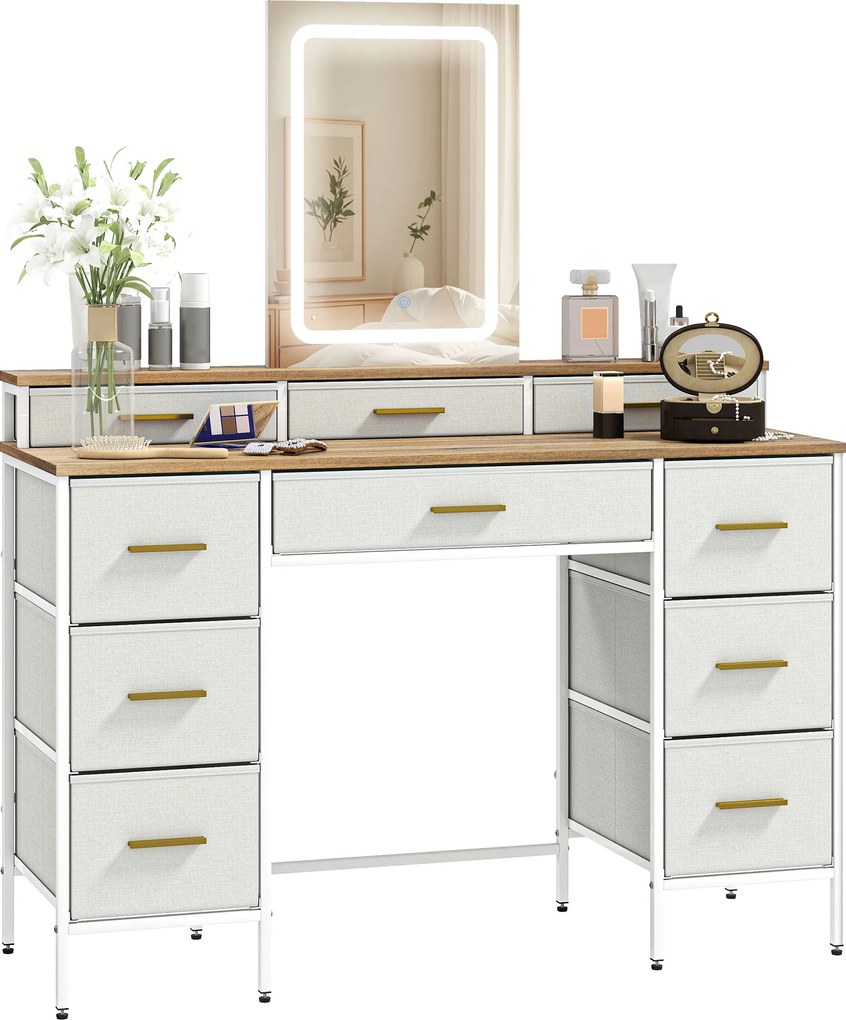 HOMCOM Masă de toaletă cu oglindă și lumini LED 3 culori, masă de machiaj 10 sertare din material textil, 118,5 x 39,5 x 140 cm natural | Aosom Romania