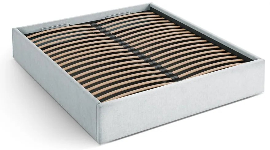 Pat matrimonial gri deschis tapițat cu spațiu de depozitare/fără tăblie cu somieră 200x200 cm Susan – Micadoni