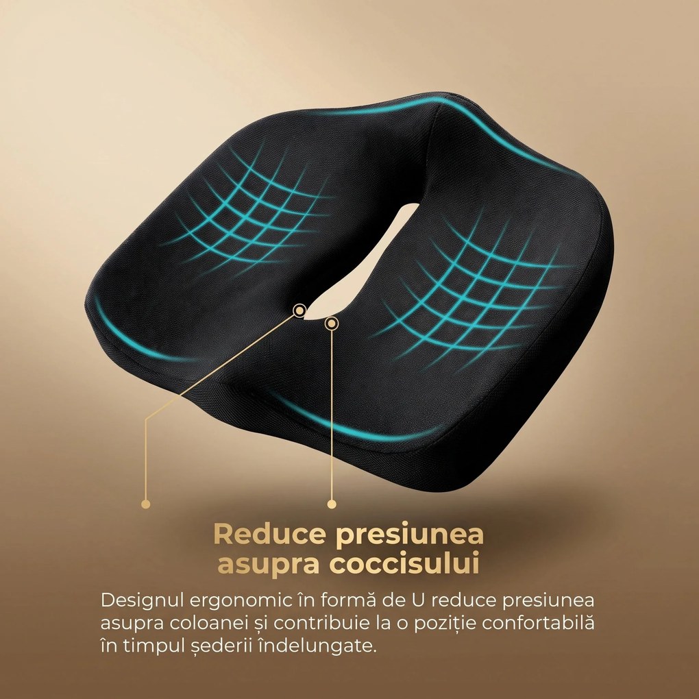 Perna ortopedica sezut memory foam ORTO COCCIS, husa mesh 3D, Negru