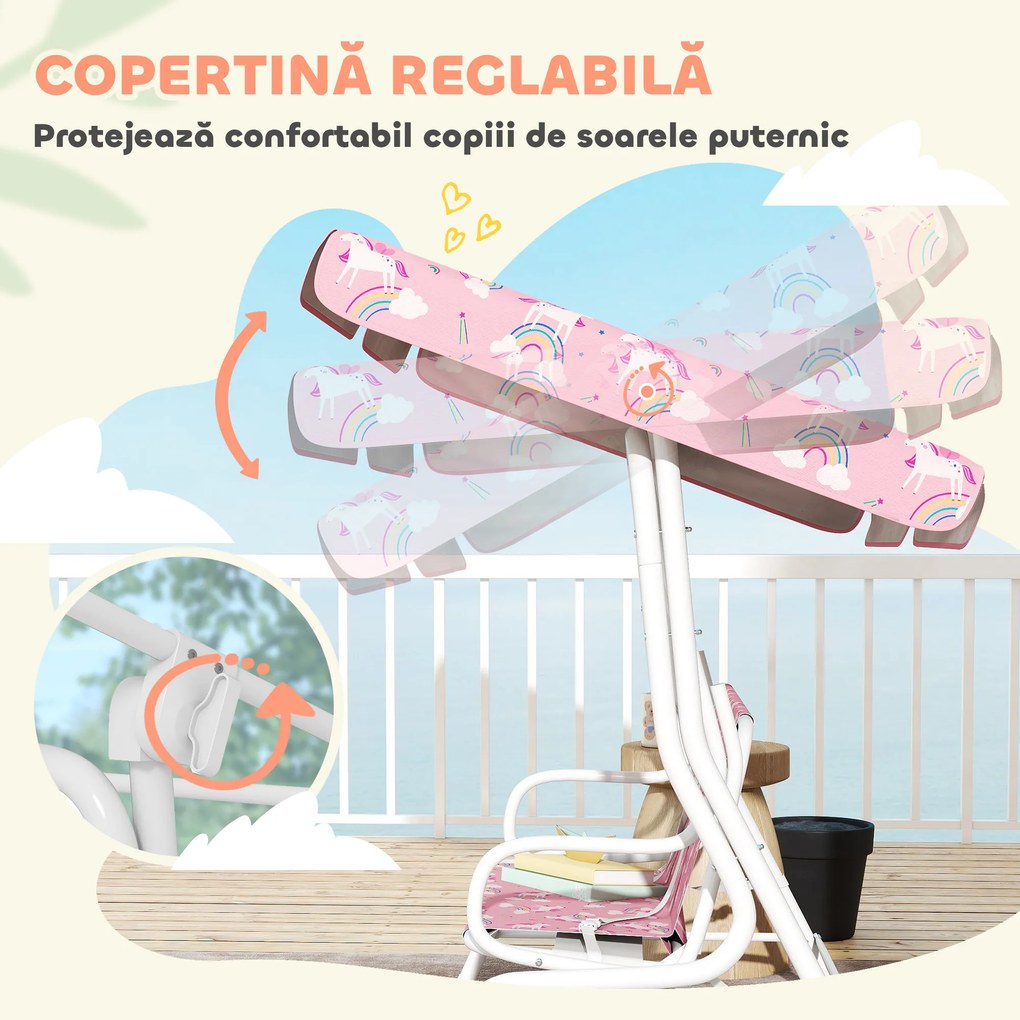 AIYAPLAY Leagăn pentru Copii de Exterior cu 2 Locuri, Acoperiș Reglabil și Centuri de Siguranță, Leagăn Grădină și Interior din Oțel și Material Oxford, Max 60 kg, 112x75x120 cm, Roz | Aosom Romania