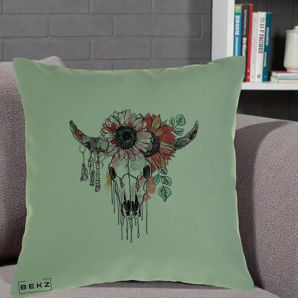 Perna Decorativa Craniu Boho Floral, 40x40 cm, Verde, Husa Detasabila, Perna Inclusa, BEKZ®