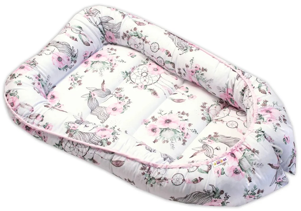 Baby Nellys Bumbac cuib cu două fețe, 55 x 75 cm, Visele unui Unicorn - roz/alb 55 x 75 cm