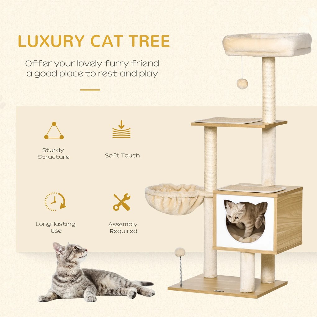 PawHut Zgârietoare pentru Pisici cu 2 Stâlpi, Căsuță, Hamac, Pat și 2 Mingi | Aosom Romania