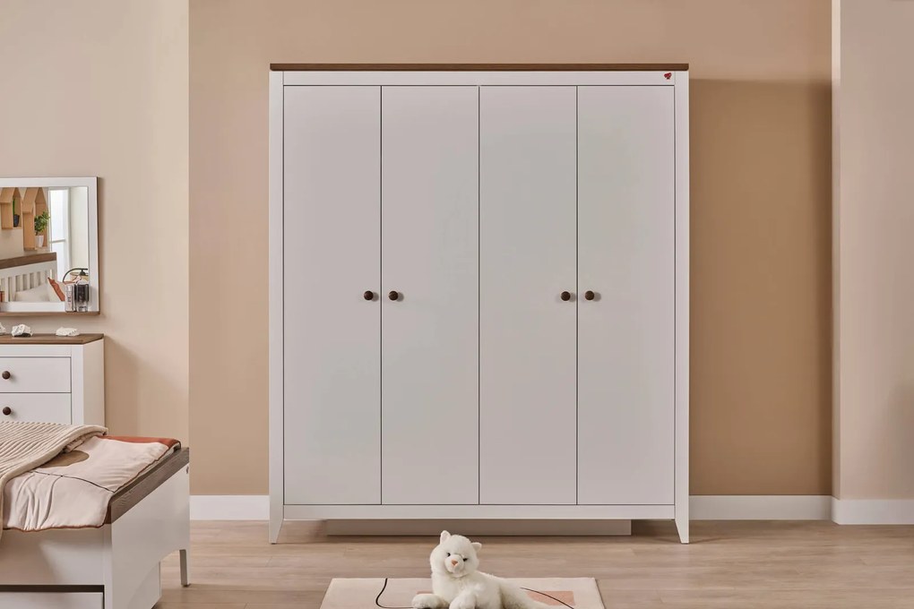 Dulap modern alb pentru copii, 4 usi, 180x58x207 cm, colectia Lucia