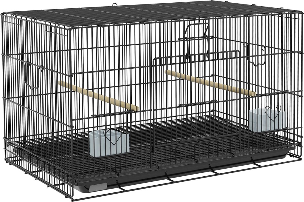 PawHut Colivie pentru Păsări 77x46x45 cm Colivie Metalică pentru Păsări cu Tavă Detașabilă 2 Bețe 2 Recipiente 2 Bețe Negru | Aosom Romania