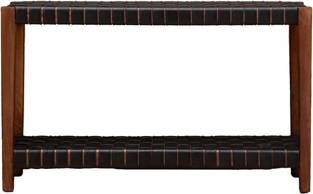 Consolă din lemn de mango și piele naturală împletită, cu 2 niveluri, maro antichizat, finisaj satinat, 130×35×78.5 cm, „Klami"