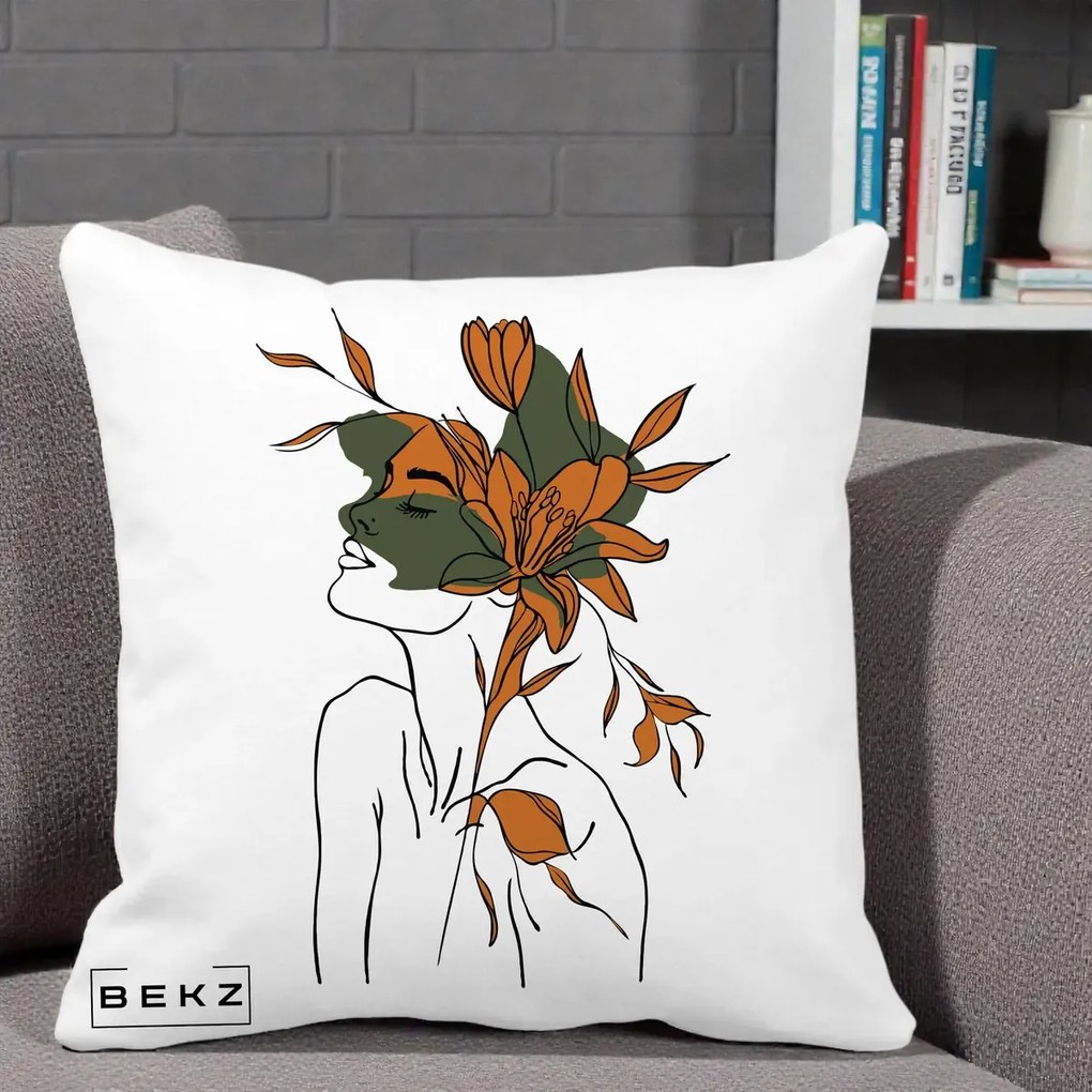 Perna Decorativa Portret Feminin Crin Auriu, 40x40 cm, Alba Mata, Husa Detasabila, Perna Inclusa, BEKZ®