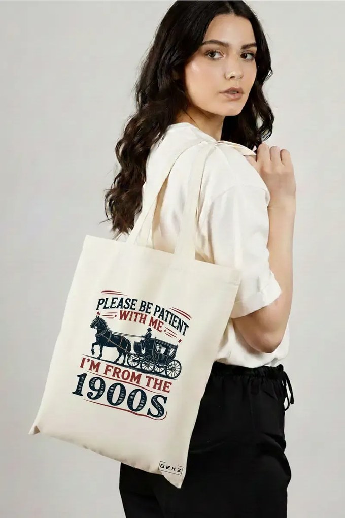 Sacosa de Panza pentru Cumparaturi, Geanta Tote, model Please be patient with me 90s 38 x 34.5 cm, Alba, BEKZ®