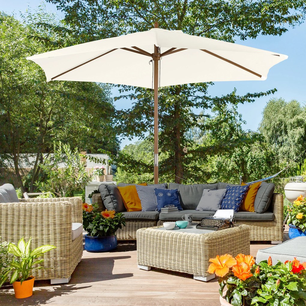 Outsunny Umbrelă Rotundă de Grădină din Bambus și Poliester 2.5x2.3m Crem/Alb | Aosom Romania