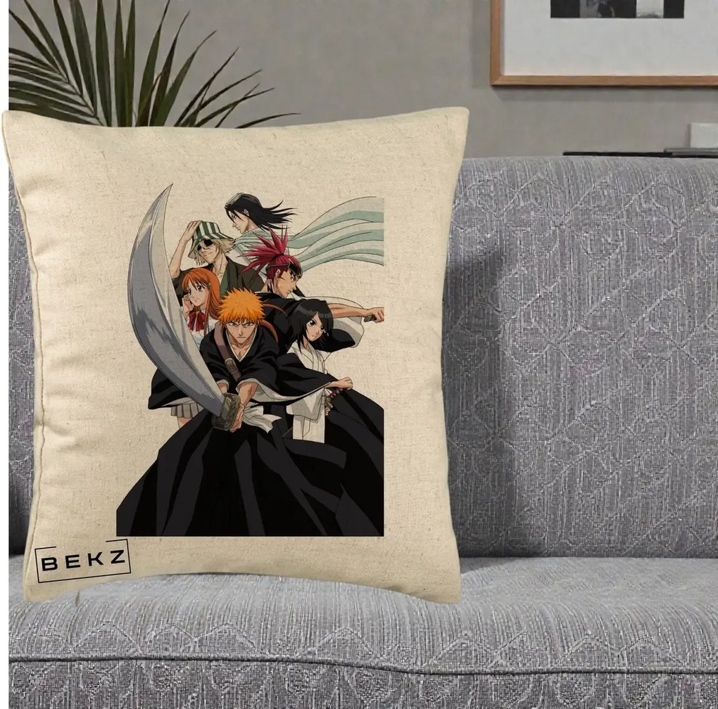 Perna Personalizata Bleach Grup Complet Ichigo si Prietenii, 40x40 cm, Bej, Husa Detasabila, Perna Inclusa, BEKZ®
